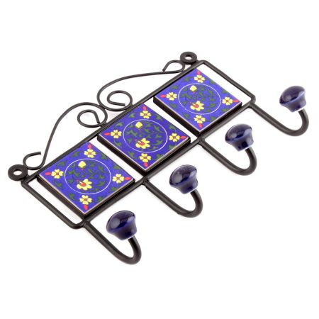 Navy Blue Yellow Floral Tiles Hooks